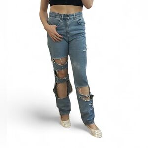 The Ragged Priest High Waisted Distressed Cutout Blue Boyfriend Jeans Size 26